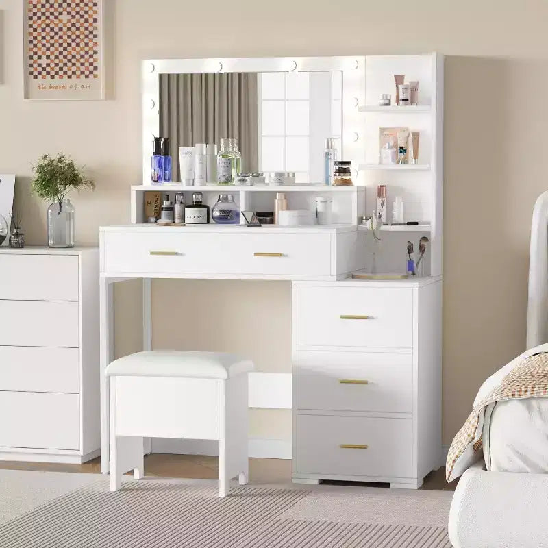 Coiffeuse avec miroir LED et tiroirs, 4 grands tiroirs et 3 étagères ouvertes pour chambre à coucher, blanc