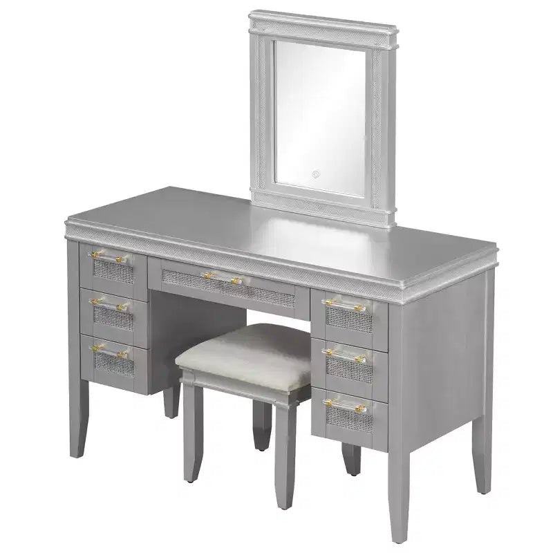 Coiffeuse Whisen 44.37, grande coiffeuse avec miroir triptyque, 5 tiroirs, étagères et 2 placards