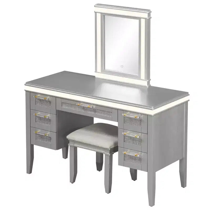 Coiffeuse Whisen 44.37, grande coiffeuse avec miroir triptyque, 5 tiroirs, étagères et 2 placards