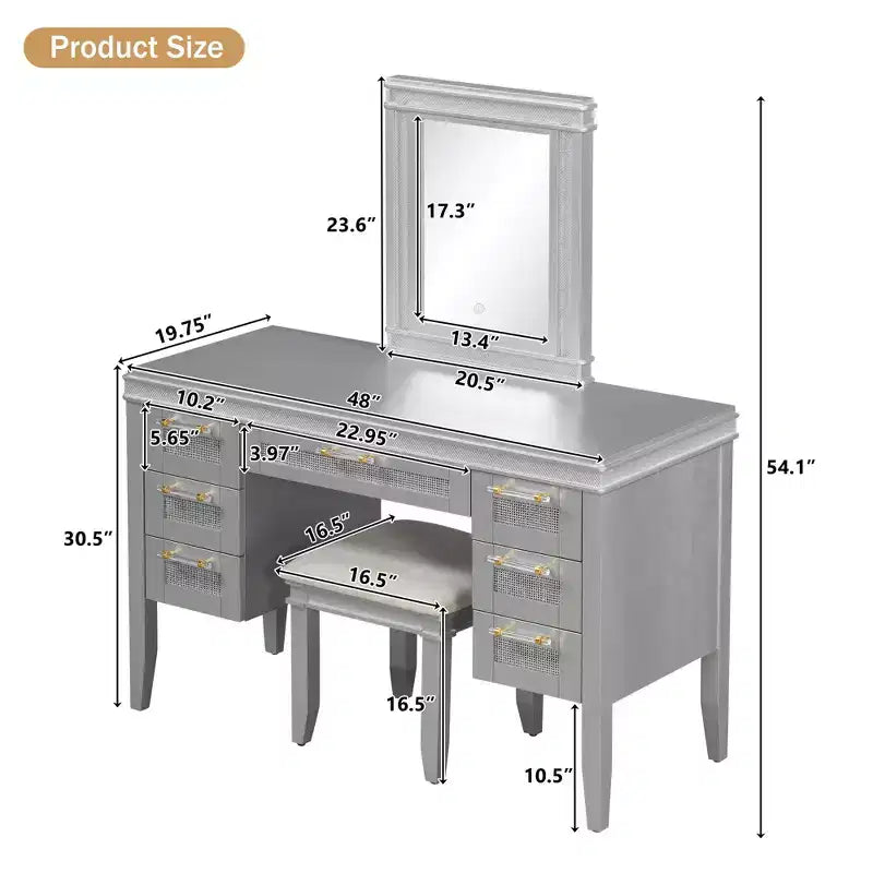 Coiffeuse Whisen 44.37, grande coiffeuse avec miroir triptyque, 5 tiroirs, étagères et 2 placards