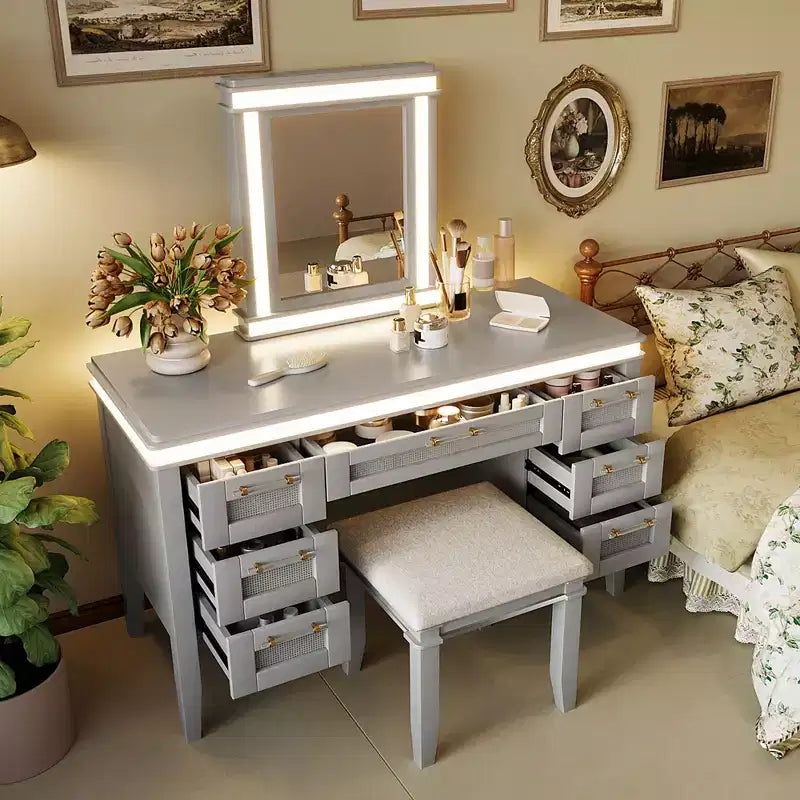 Coiffeuse Whisen 44.37, grande coiffeuse avec miroir triptyque, 5 tiroirs, étagères et 2 placards