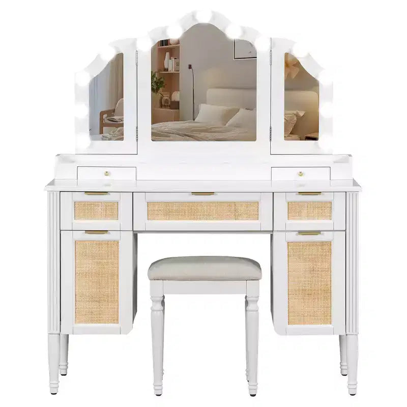 Coiffeuse Whisen 44.37, grande coiffeuse avec miroir triptyque, 5 tiroirs, étagères et 2 placards