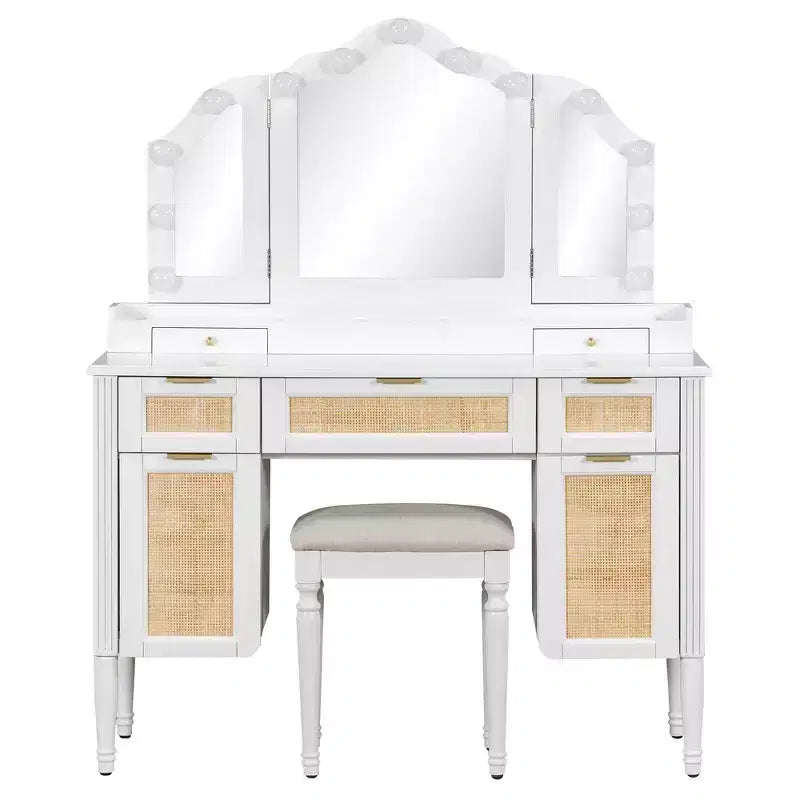 Coiffeuse Whisen 44.37, grande coiffeuse avec miroir triptyque, 5 tiroirs, étagères et 2 placards