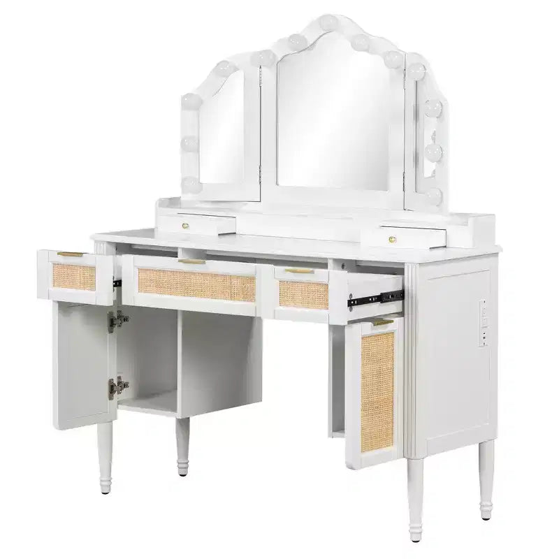 Coiffeuse Whisen 44.37, grande coiffeuse avec miroir triptyque, 5 tiroirs, étagères et 2 placards