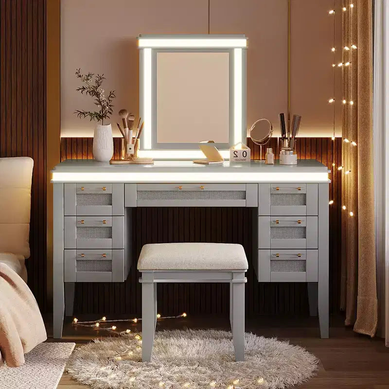 Coiffeuse Whisen 44.37, grande coiffeuse avec miroir triptyque, 5 tiroirs, étagères et 2 placards