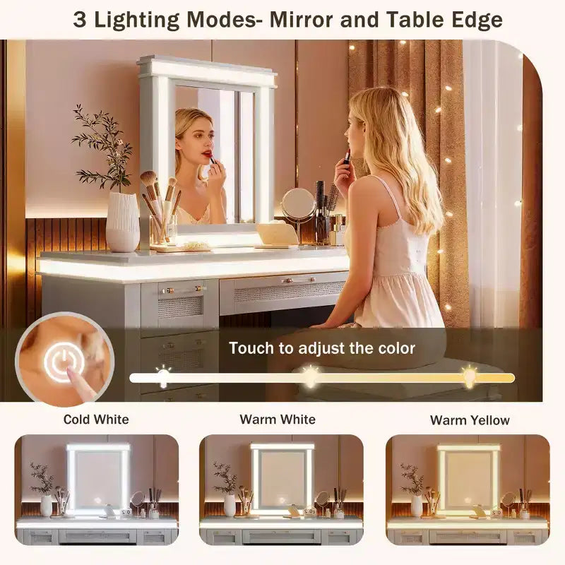 Coiffeuse Whisen 44.37, grande coiffeuse avec miroir triptyque, 5 tiroirs, étagères et 2 placards