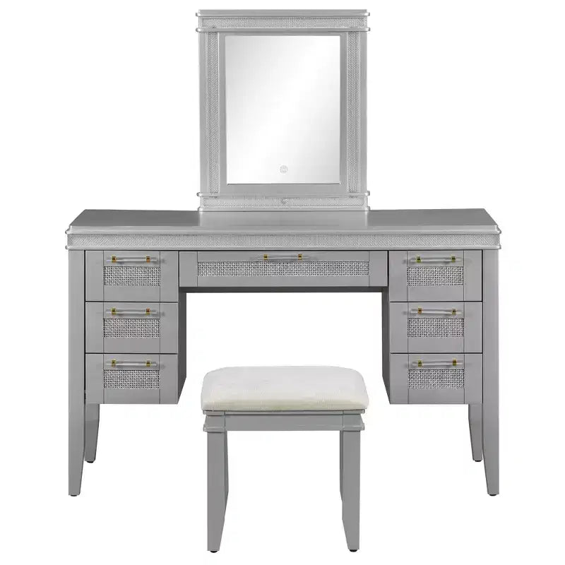Coiffeuse Whisen 44.37, grande coiffeuse avec miroir triptyque, 5 tiroirs, étagères et 2 placards