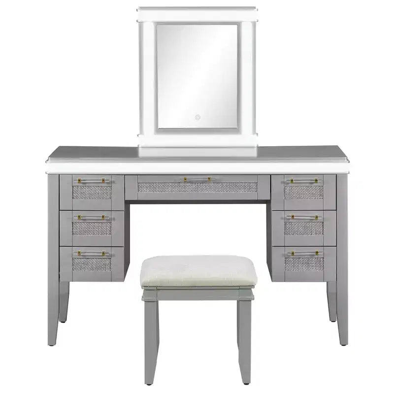 Coiffeuse Whisen 44.37, grande coiffeuse avec miroir triptyque, 5 tiroirs, étagères et 2 placards