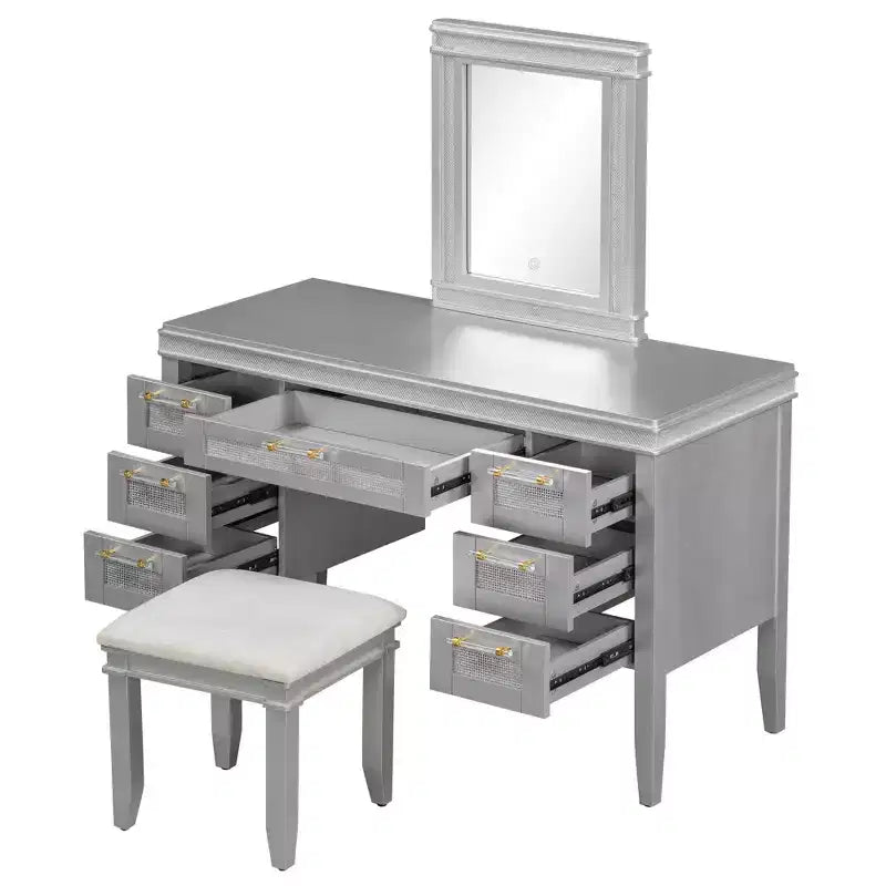 Coiffeuse Whisen 44.37, grande coiffeuse avec miroir triptyque, 5 tiroirs, étagères et 2 placards
