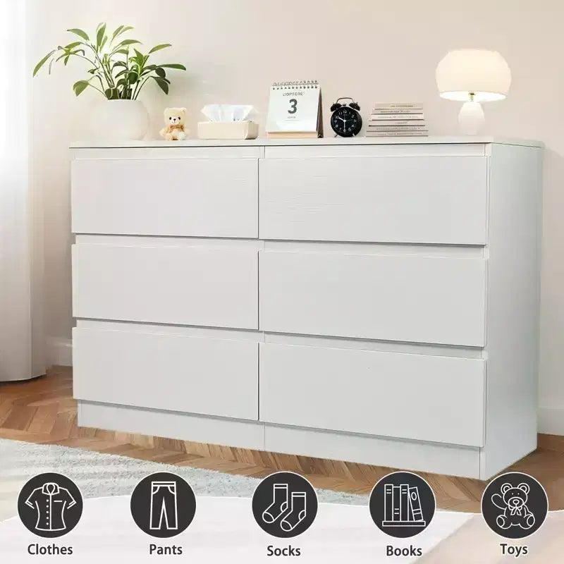 Coiffeuse noire à 6 tiroirs, meuble de chambre moderne avec rangement en bois, poignées dissimulées et 6 tiroirs profonds