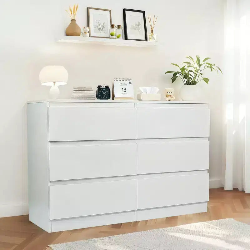 Coiffeuse noire à 6 tiroirs, meuble de chambre moderne avec rangement en bois, poignées dissimulées et 6 tiroirs profonds