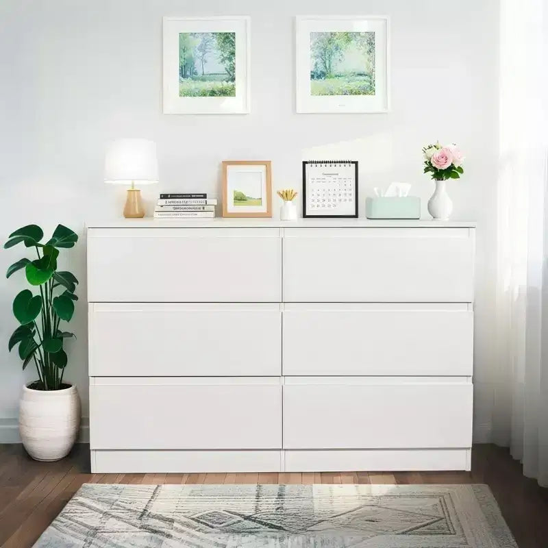 Coiffeuse noire à 6 tiroirs, meuble de chambre moderne avec rangement en bois, poignées dissimulées et 6 tiroirs profonds
