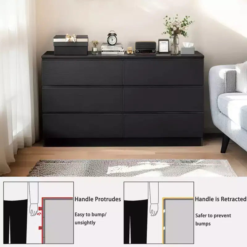 Coiffeuse noire à 6 tiroirs, meuble de chambre moderne avec rangement en bois, poignées dissimulées et 6 tiroirs profonds