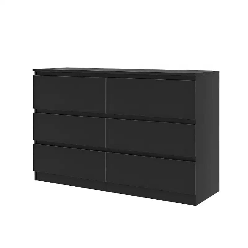 Coiffeuse noire à 6 tiroirs, meuble de chambre moderne avec rangement en bois, poignées dissimulées et 6 tiroirs profonds