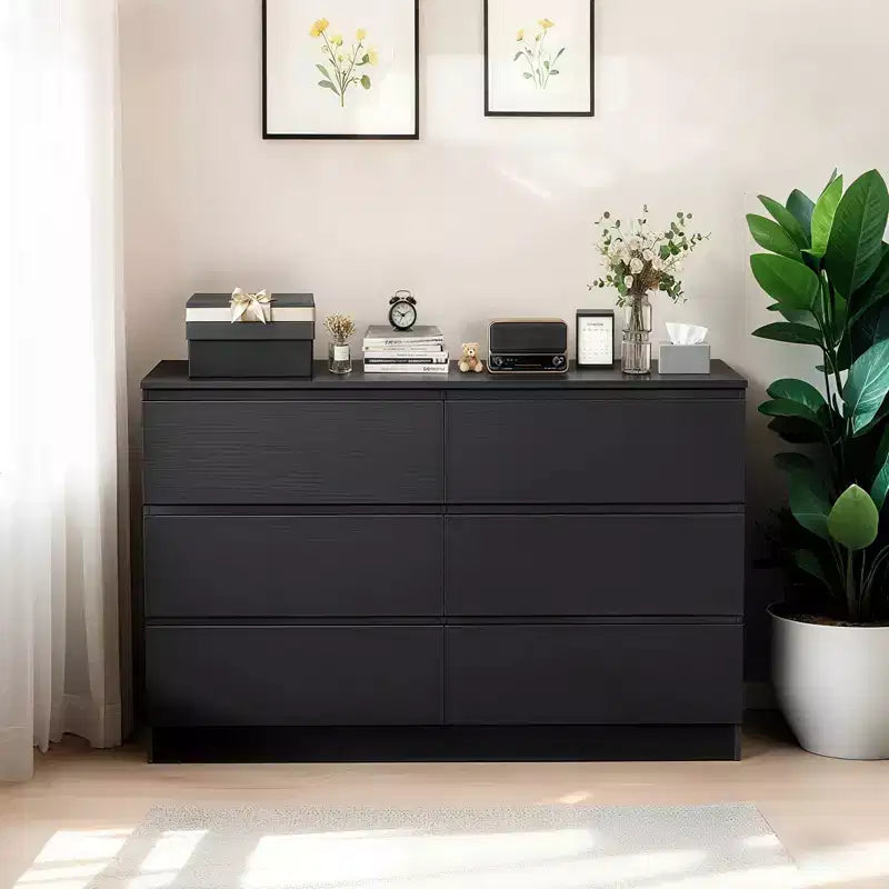 Coiffeuse noire à 6 tiroirs, meuble de chambre moderne avec rangement en bois, poignées dissimulées et 6 tiroirs profonds