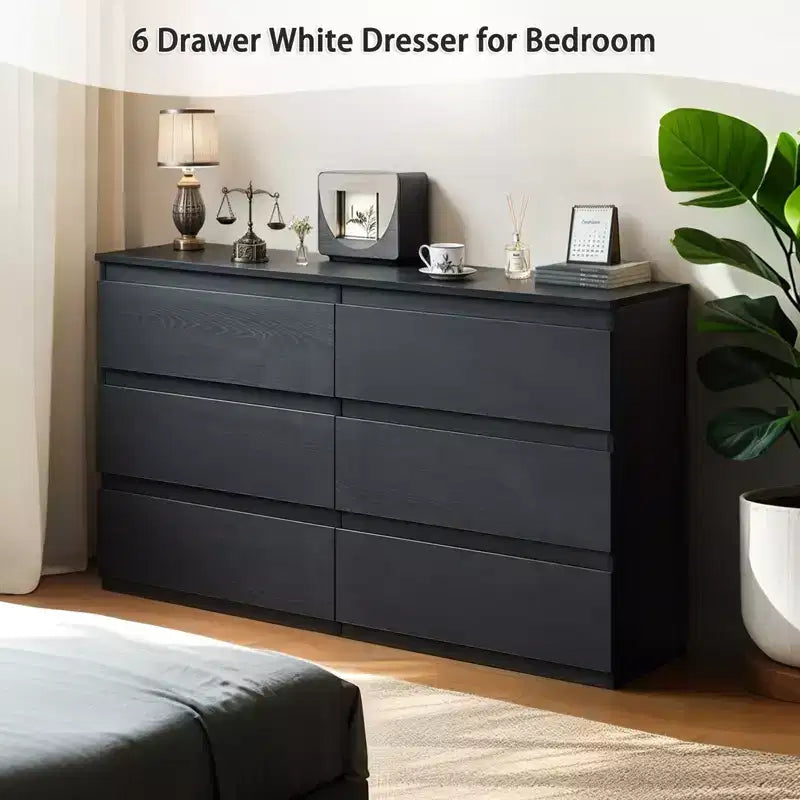 Coiffeuse noire à 6 tiroirs, meuble de chambre moderne avec rangement en bois, poignées dissimulées et 6 tiroirs profonds