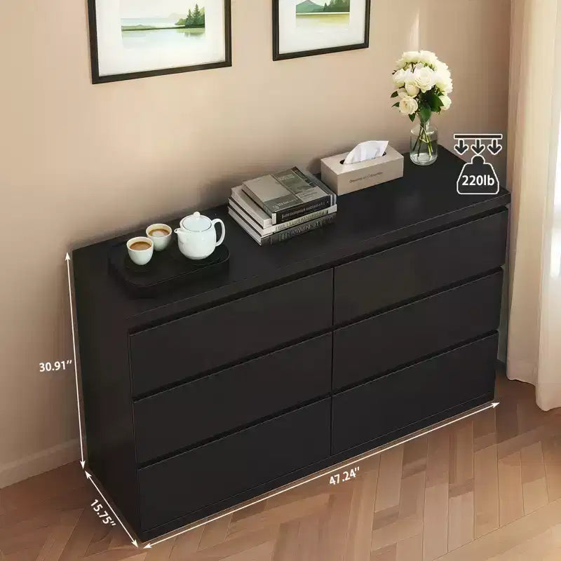 Coiffeuse noire à 6 tiroirs, meuble de chambre moderne avec rangement en bois, poignées dissimulées et 6 tiroirs profonds