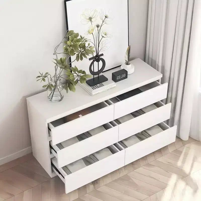 Coiffeuse noire à 6 tiroirs, meuble de chambre moderne avec rangement en bois, poignées dissimulées et 6 tiroirs profonds
