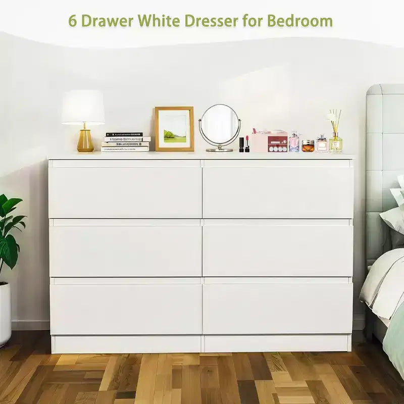 Coiffeuse noire à 6 tiroirs, meuble de chambre moderne avec rangement en bois, poignées dissimulées et 6 tiroirs profonds