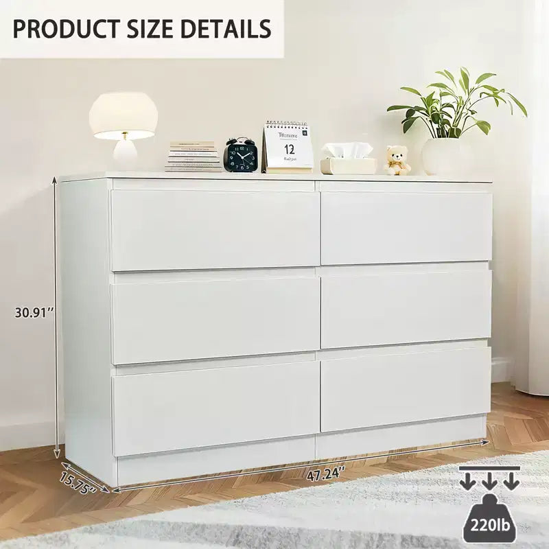 Coiffeuse noire à 6 tiroirs, meuble de chambre moderne avec rangement en bois, poignées dissimulées et 6 tiroirs profonds