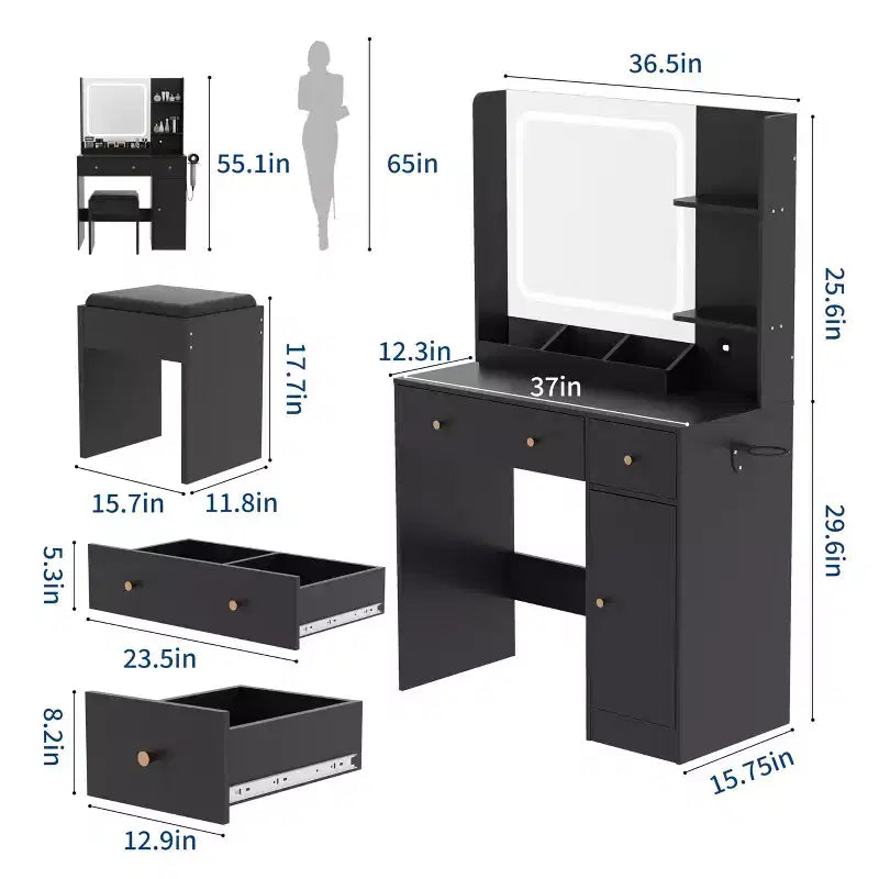 Coiffeuse Acekool avec miroir LED, station de charge, armoire de rangement, tiroirs et tabouret, coiffeuse moderne pour chambre à coucher, 94 cm