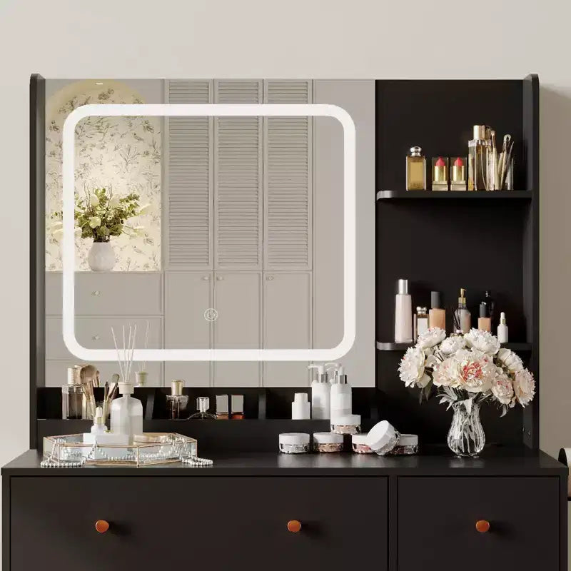 Coiffeuse Acekool avec miroir LED, station de charge, armoire de rangement, tiroirs et tabouret, coiffeuse moderne pour chambre à coucher, 94 cm