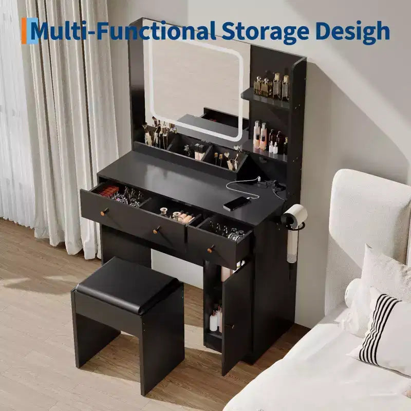 Coiffeuse Acekool avec miroir LED, station de charge, armoire de rangement, tiroirs et tabouret, coiffeuse moderne pour chambre à coucher, 94 cm