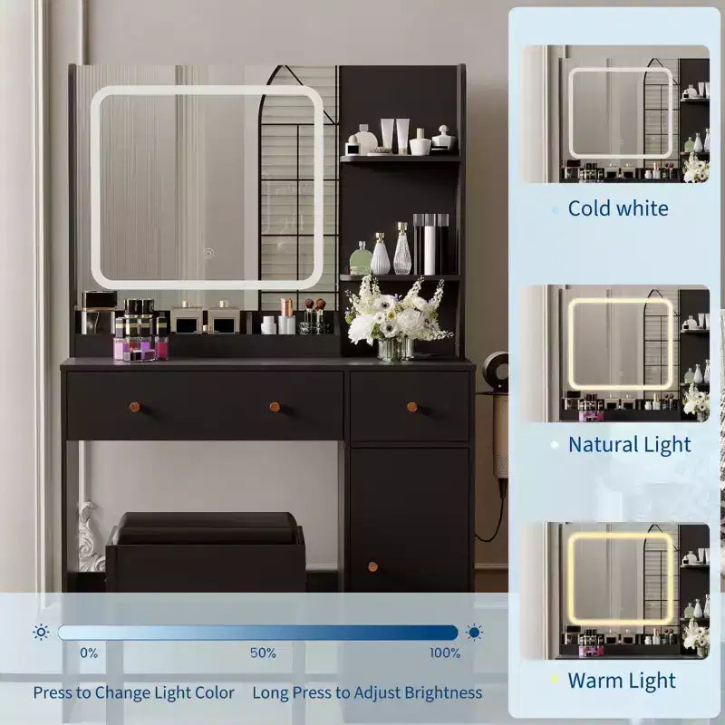 Coiffeuse Acekool avec miroir LED, station de charge, armoire de rangement, tiroirs et tabouret, coiffeuse moderne pour chambre à coucher, 94 cm