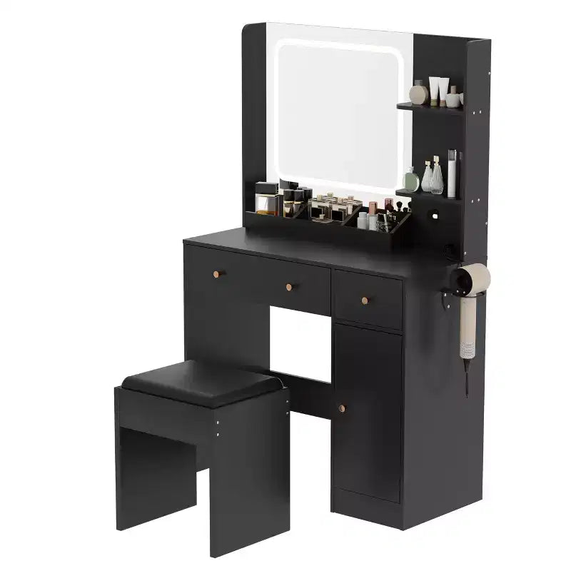 Coiffeuse Acekool avec miroir LED, station de charge, armoire de rangement, tiroirs et tabouret, coiffeuse moderne pour chambre à coucher, 94 cm