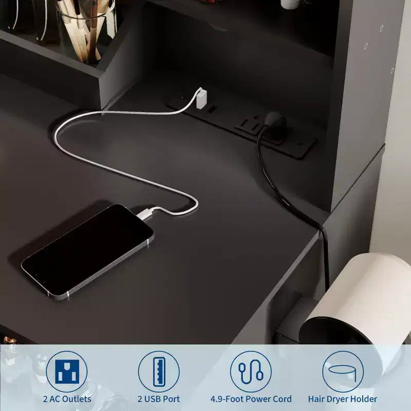 Coiffeuse Acekool avec miroir LED, station de charge, armoire de rangement, tiroirs et tabouret, coiffeuse moderne pour chambre à coucher, 94 cm