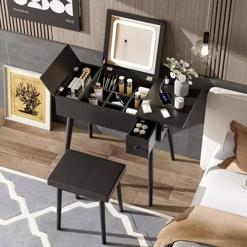 Vanity Desk Set with Flip Top Mirror and Light, Lighting, Makeup Vanity Table with 2 Drawers, Fold-up Panel and Cushioned Stool Black