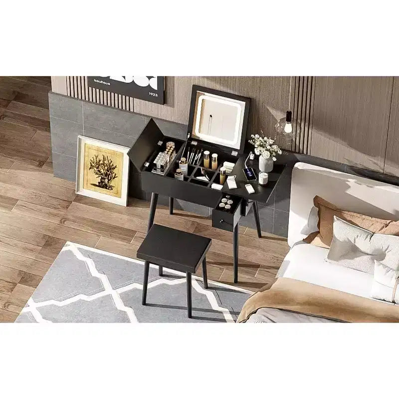 Coiffeuse avec miroir rabattable et éclairage, table de maquillage avec 2 tiroirs, panneau relevable et tabouret rembourré, noir
