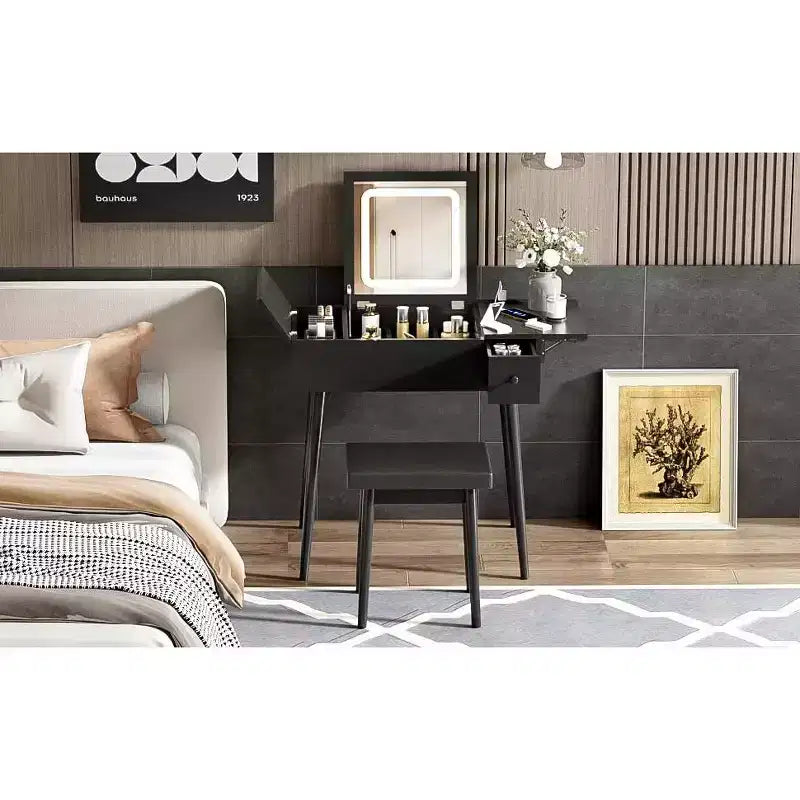 Coiffeuse avec miroir rabattable et éclairage, table de maquillage avec 2 tiroirs, panneau relevable et tabouret rembourré, noir