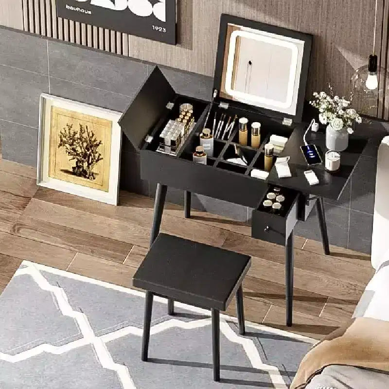 Coiffeuse avec miroir rabattable et éclairage, table de maquillage avec 2 tiroirs, panneau relevable et tabouret rembourré, noir
