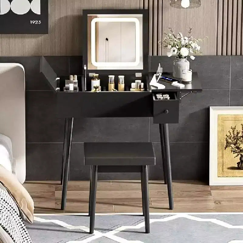 Coiffeuse avec miroir rabattable et éclairage, table de maquillage avec 2 tiroirs, panneau relevable et tabouret rembourré, noir