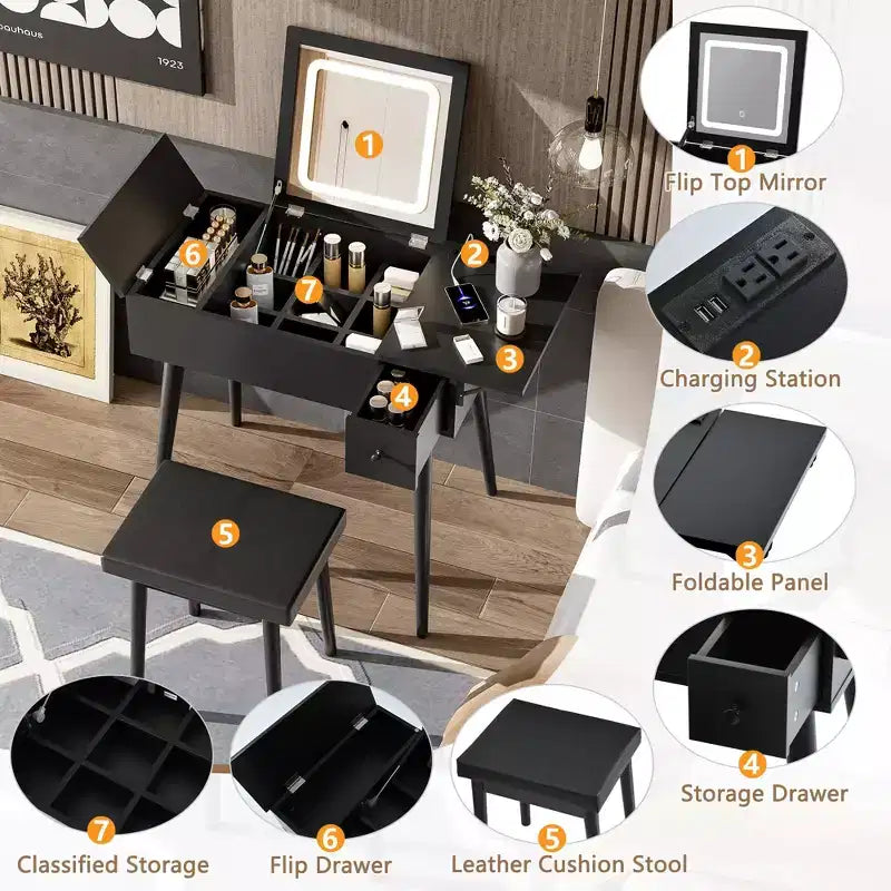 Coiffeuse avec miroir rabattable et éclairage, table de maquillage avec 2 tiroirs, panneau relevable et tabouret rembourré, noir