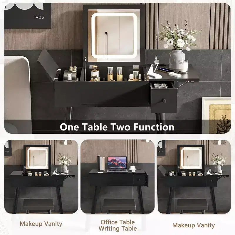 Coiffeuse avec miroir rabattable et éclairage, table de maquillage avec 2 tiroirs, panneau relevable et tabouret rembourré, noir