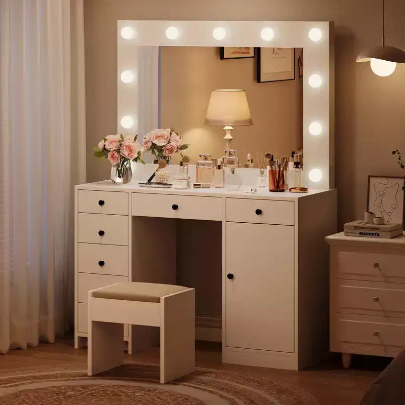 Coiffeuse Acekool 47 avec miroir et lumières, prise électrique, 3 modes d'éclairage, 9 tiroirs, 1 porte, table de maquillage blanche pour chambre à coucher