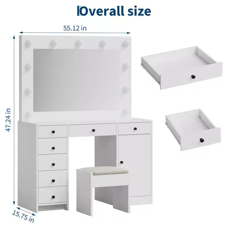 Coiffeuse Acekool 47 avec miroir et lumières, prise électrique, 3 modes d'éclairage, 9 tiroirs, 1 porte, table de maquillage blanche pour chambre à coucher