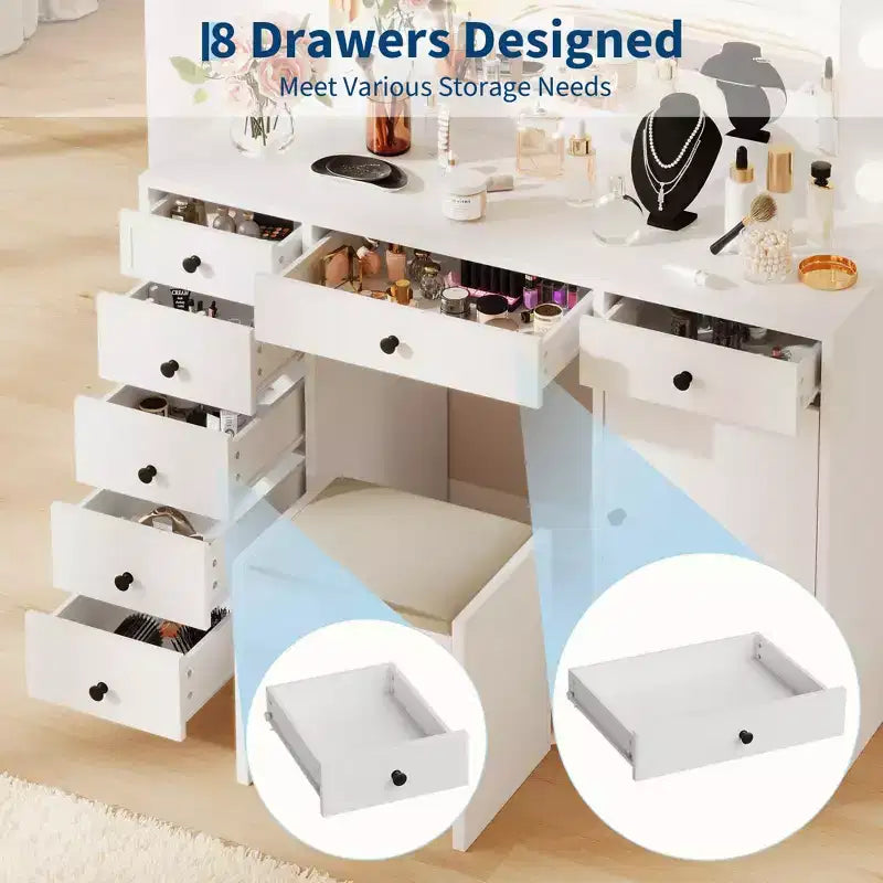 Coiffeuse Acekool 47 avec miroir et lumières, prise électrique, 3 modes d'éclairage, 9 tiroirs, 1 porte, table de maquillage blanche pour chambre à coucher