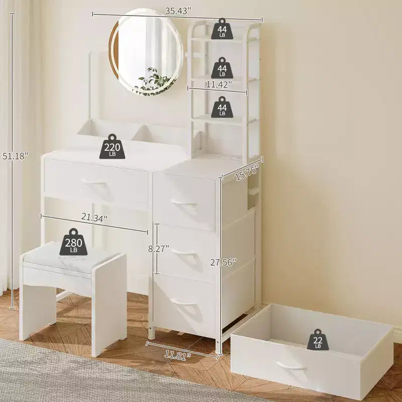 Acekool Petite coiffeuse avec miroir rond éclairé, prise de courant, 4 tiroirs en tissu, 3 étagères, table de maquillage moderne pour chambre, dortoir, appartement