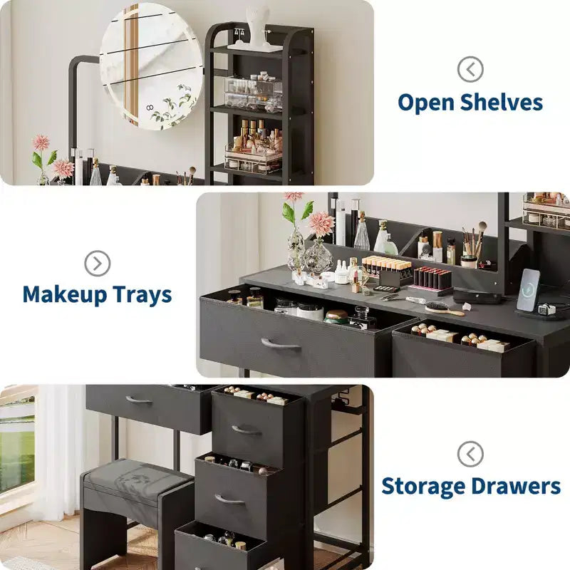 Acekool Petite coiffeuse avec miroir rond éclairé, prise de courant, 4 tiroirs en tissu, 3 étagères, table de maquillage moderne pour chambre, dortoir, appartement