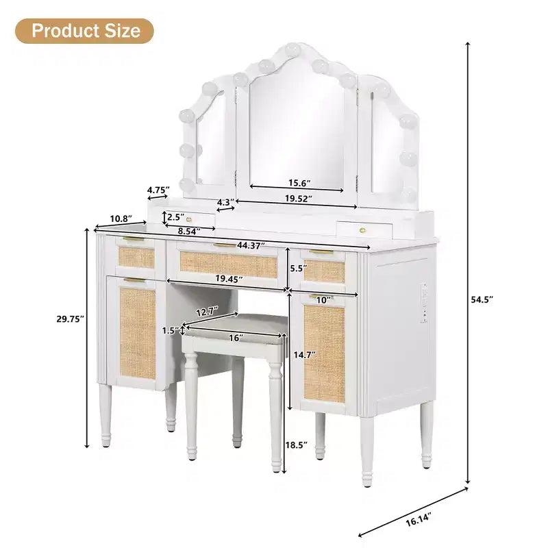 Coiffeuse avec 13 ampoules, miroir triptyque, station de charge et tiroirs de rangement, blanc - ModernLuxe