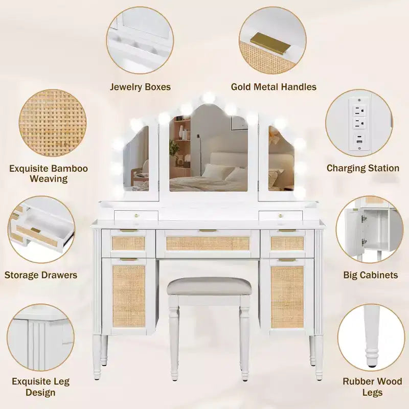 Coiffeuse avec 13 ampoules, miroir triptyque, station de charge et tiroirs de rangement, blanc - ModernLuxe