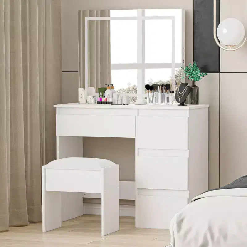 Coiffeuse de maquillage Acekool avec miroir éclairé, prise de courant, tabouret et 4 tiroirs, grande table de toilette pour chambre ou dressing