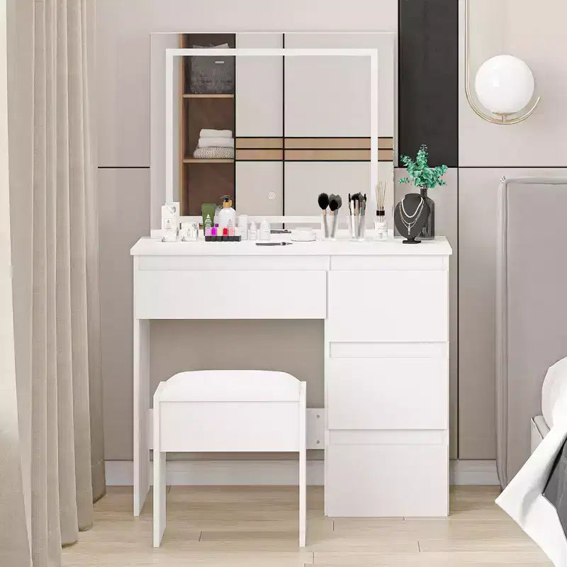 Coiffeuse de maquillage Acekool avec miroir éclairé, prise de courant, tabouret et 4 tiroirs, grande table de toilette pour chambre ou dressing
