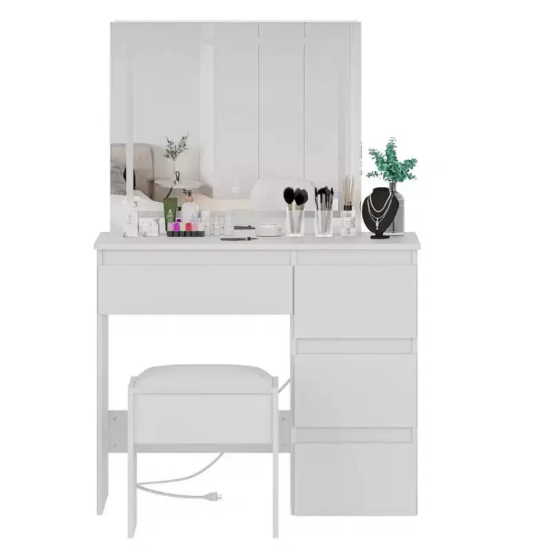 Coiffeuse de maquillage Acekool avec miroir éclairé, prise de courant, tabouret et 4 tiroirs, grande table de toilette pour chambre ou dressing
