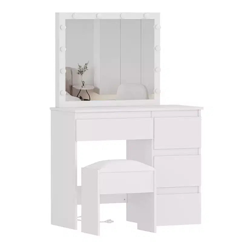Coiffeuse de maquillage Acekool avec miroir éclairé, prise de courant, tabouret et 4 tiroirs, grande table de toilette pour chambre ou dressing
