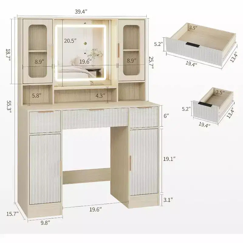 Coiffeuse GustoWave avec miroir, 3 tiroirs, ensemble de table de maquillage pour chambre à coucher