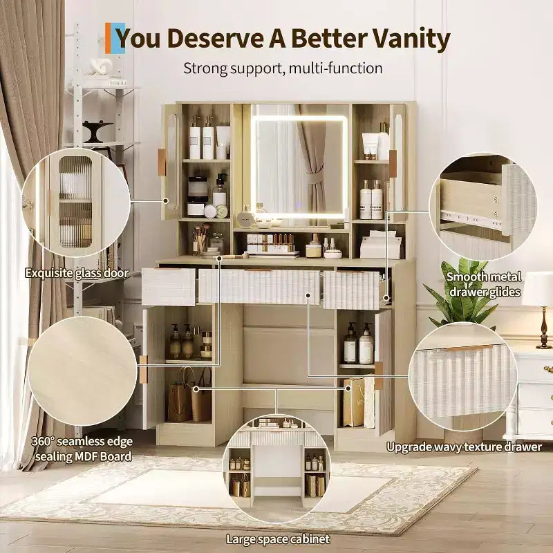 Coiffeuse GustoWave avec miroir, 3 tiroirs, ensemble de table de maquillage pour chambre à coucher